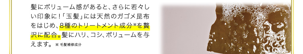 髪にボリューム感があると、さらに若々しい印象に!「玉髪」には天然のガゴメ昆布をはじめ、8種のトリートメント成分※を贅沢に配合。髪にハリ、コシ、ボリュームを与えます。※毛髪補修成分