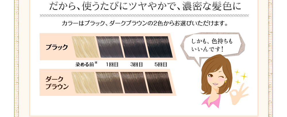 だから使うたびにツヤやかで、濃密な髪色に。カラーはブラック、ダークブラウンの2色からお選びいただけます。