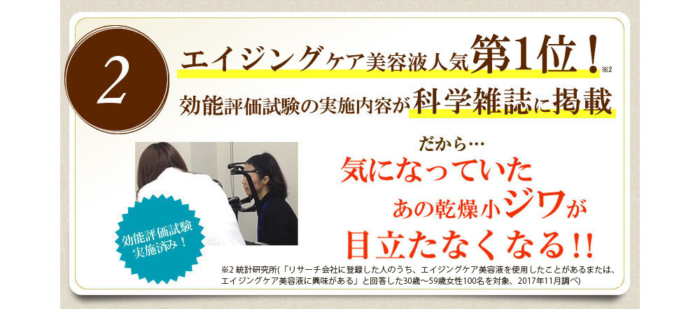 2 抗シワ美容液第1位！抗シワ評価試験の結果が医学雑誌に掲載　だから…何をしても消せなかったあのくっきり深い乾燥小ジワが目立たなくなる！!